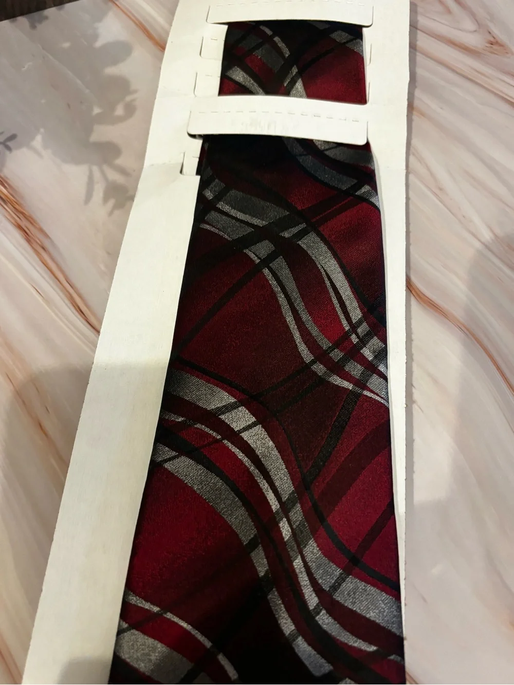 Pierre Cardin Maroon Tie with Silver and Black Wave Pattern